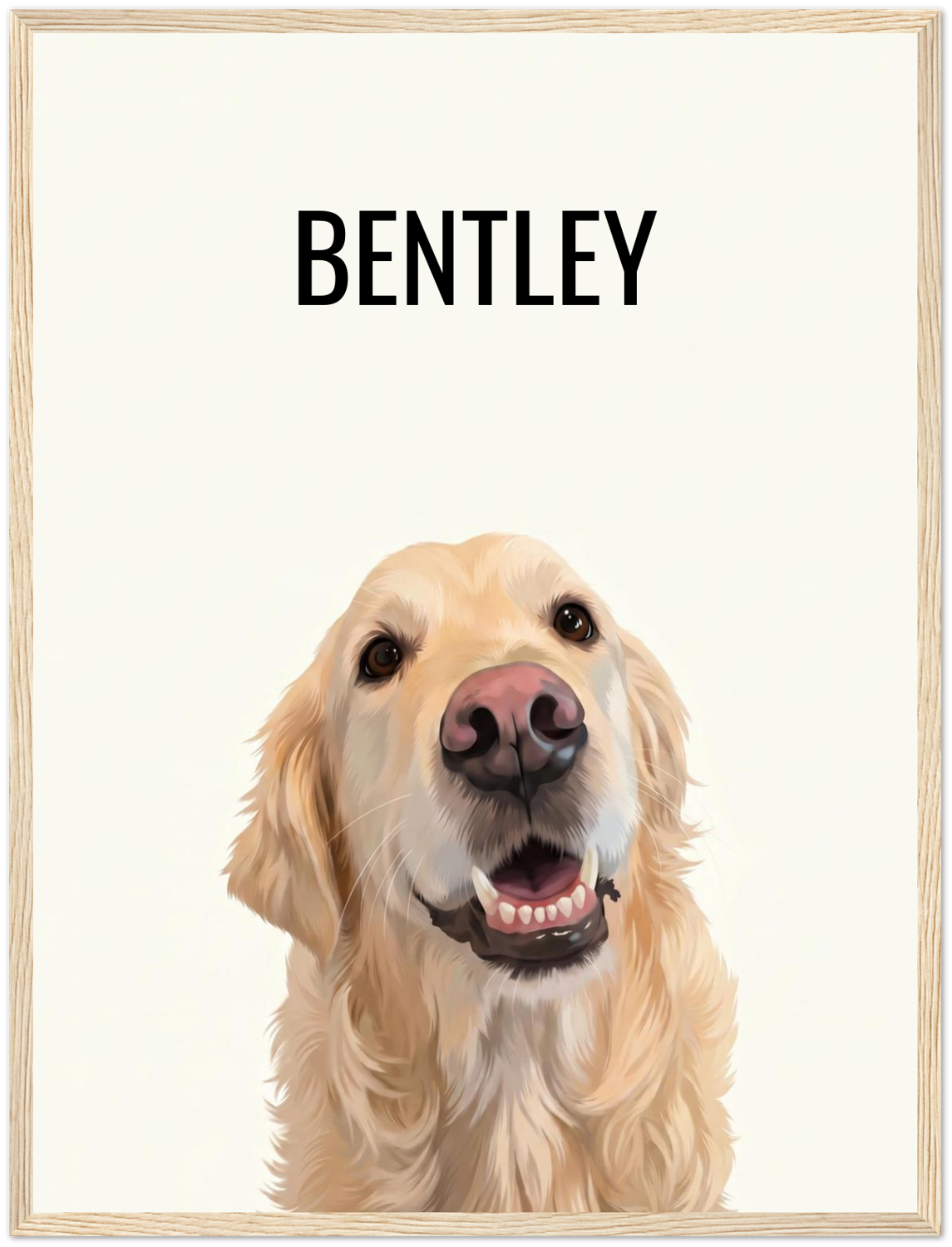 Poster of a golden retriever named Bentley with a wooden frame.