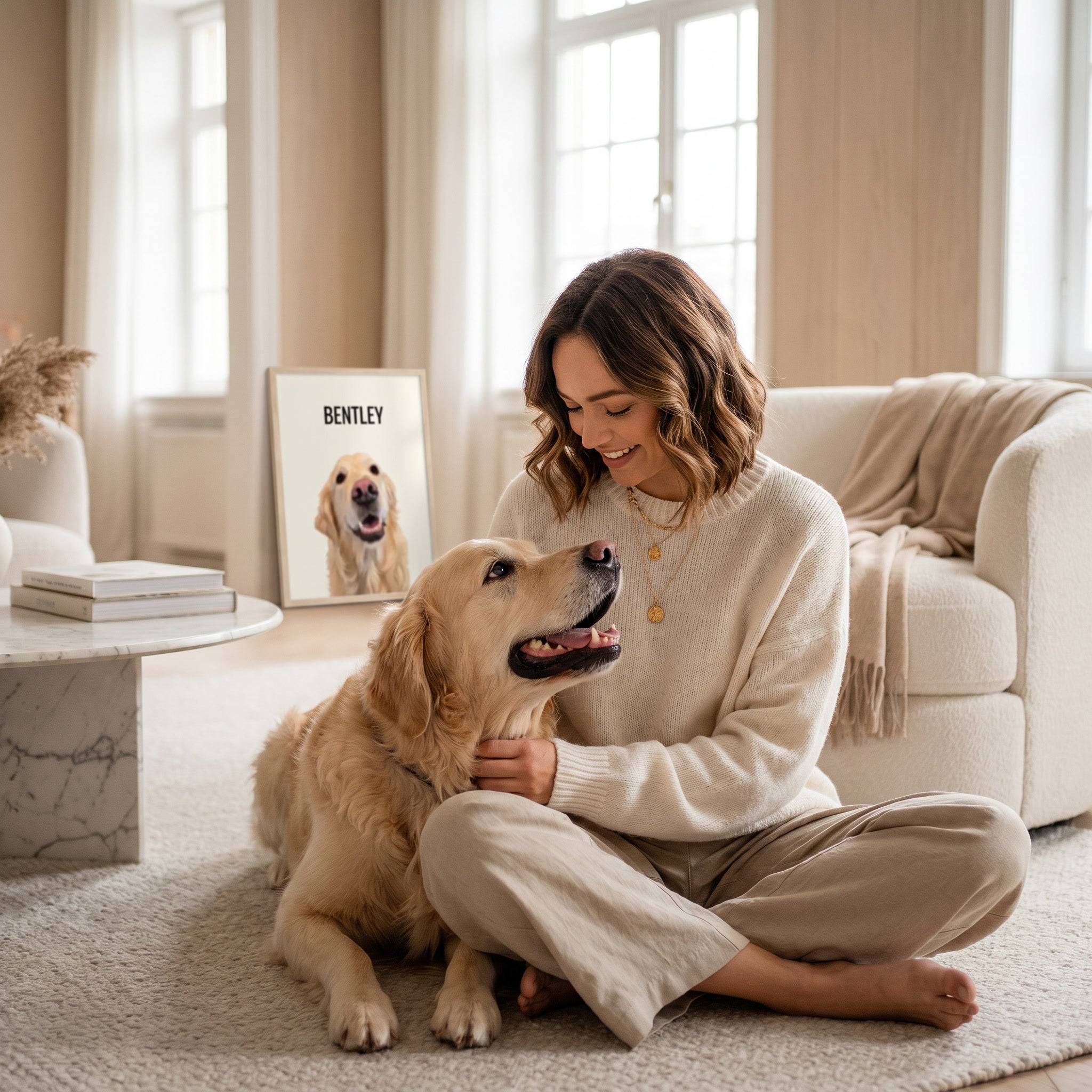 Woman (Emma) sitting on the floor with a golden retriever (Bentley) in a cozy living room.